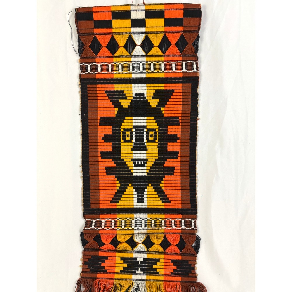 Vintage 1970s Southwestern Woven Wall Hanging Tribal Face 34" Boho Decor